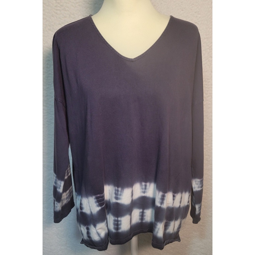 Pure Jill Tie Dye Relaxed V-Neck Tee Sz L Petite 3/4 Sleeve Blue Sweatshirt 1933
